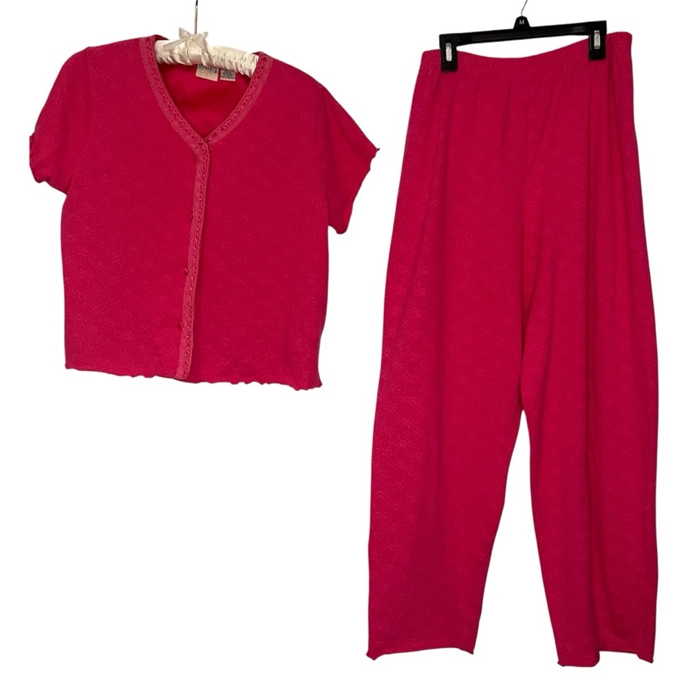 Moments Pink Floral Pajama Set Sz S Button Front Top Elastic Waist Ribbon Lace